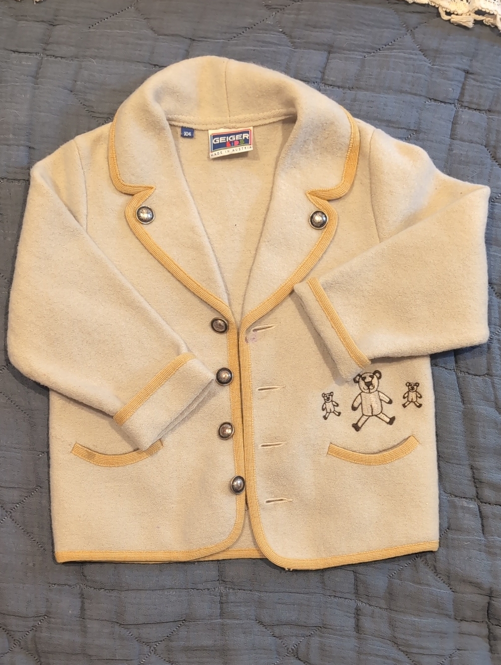 Geiger Kids' Cream Jacket with Yellow Trim and Embroidered Bears